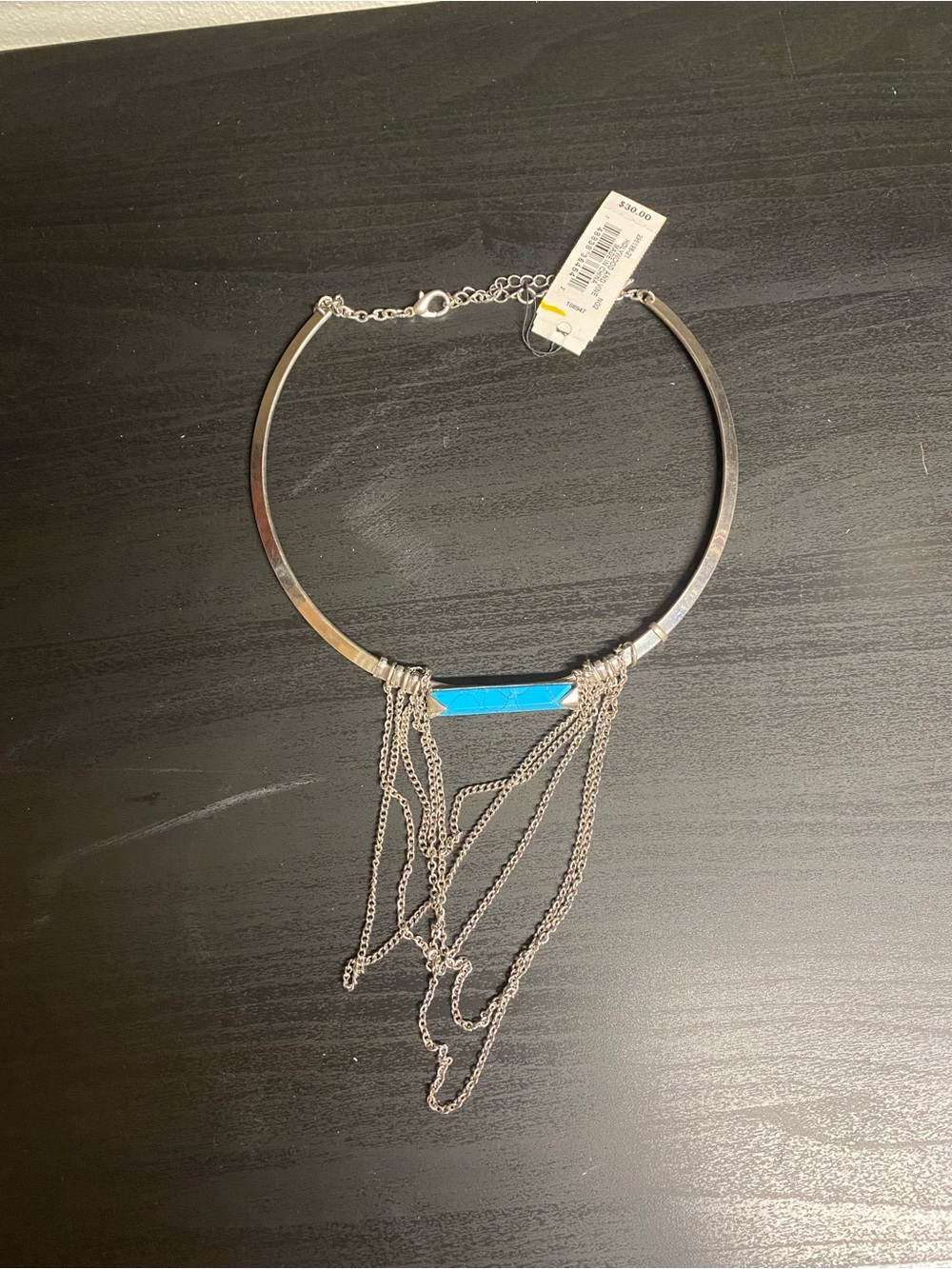 Guess Silver-Tone Collar Necklace with Turquoise Bar and Chain Fringe